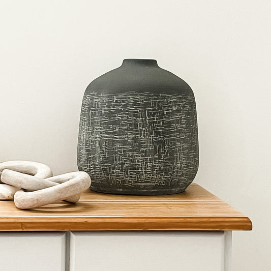 Etched stone charcoal vase