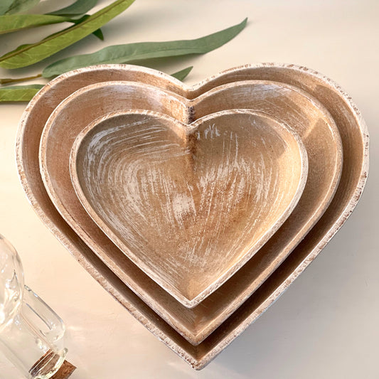 Home at no.7 rustic wooden heart shaped dishes set of 3